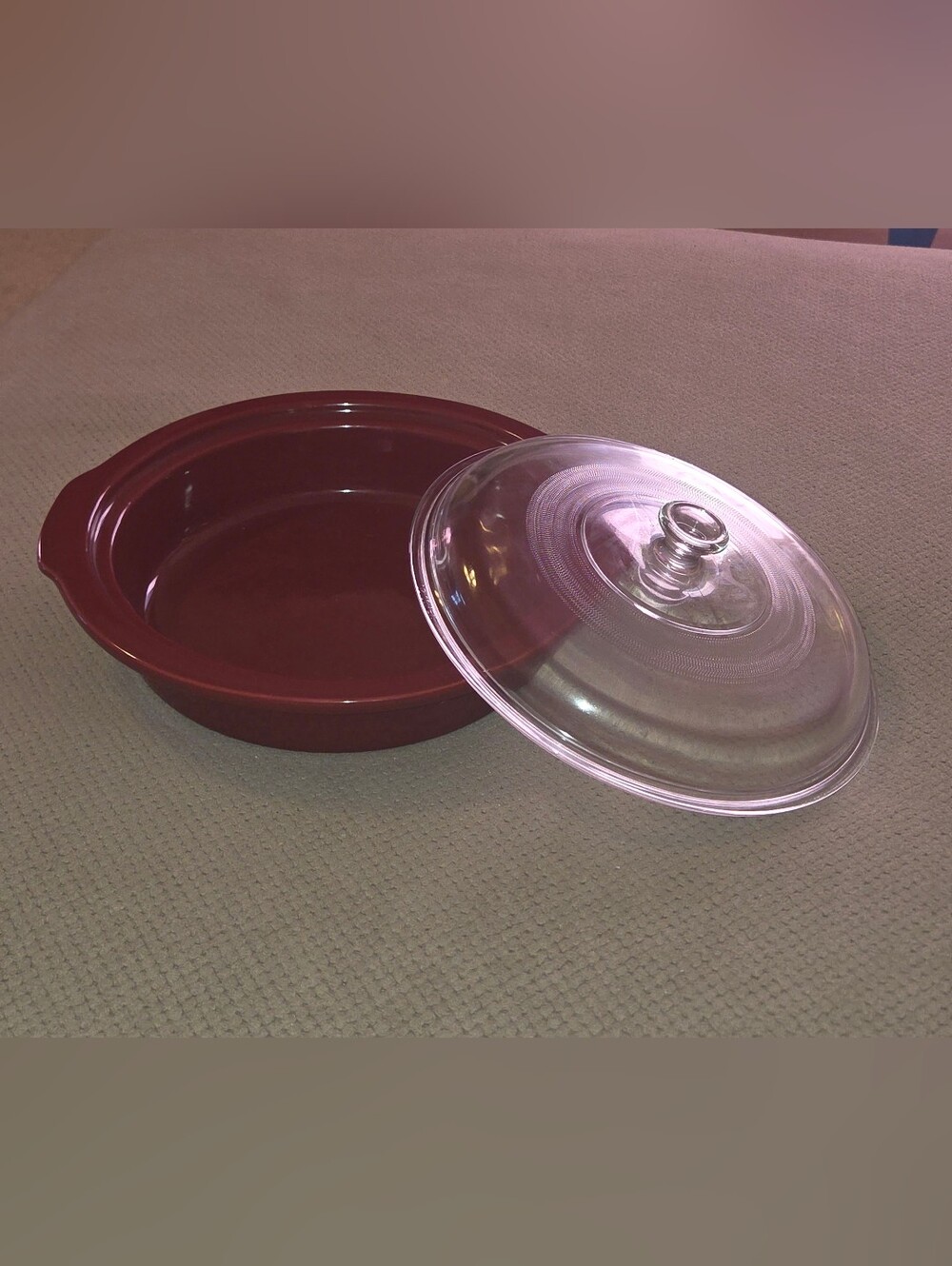 Peterboro Basket Stoneware Collection Round Casserole Dish Red Maroon with Glass